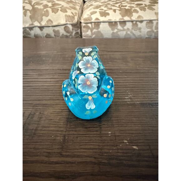 Vintage Fenton Blue Glass Frog w/Hand-Painted Flowers-Signed D. Wright - Picture 2 of 8